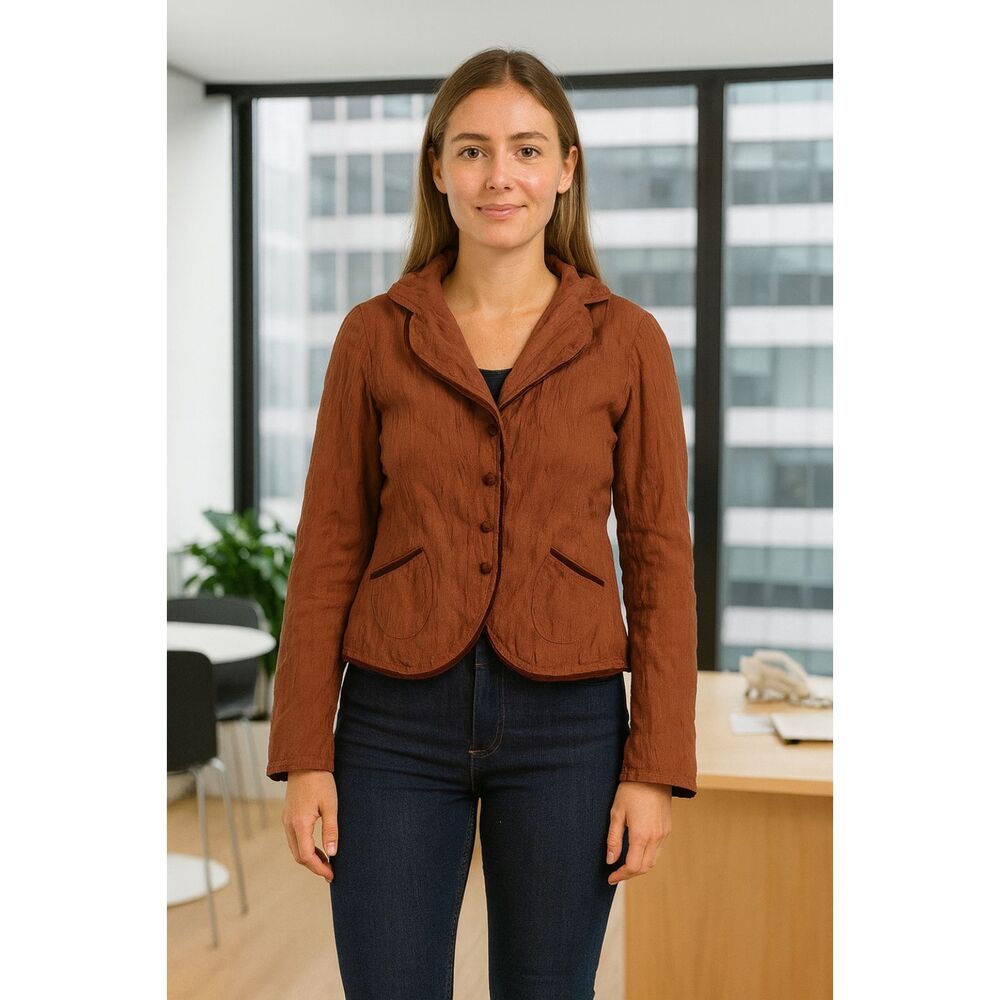 Kleen Women's brown silk and linen button up size XS casual office velvet trim